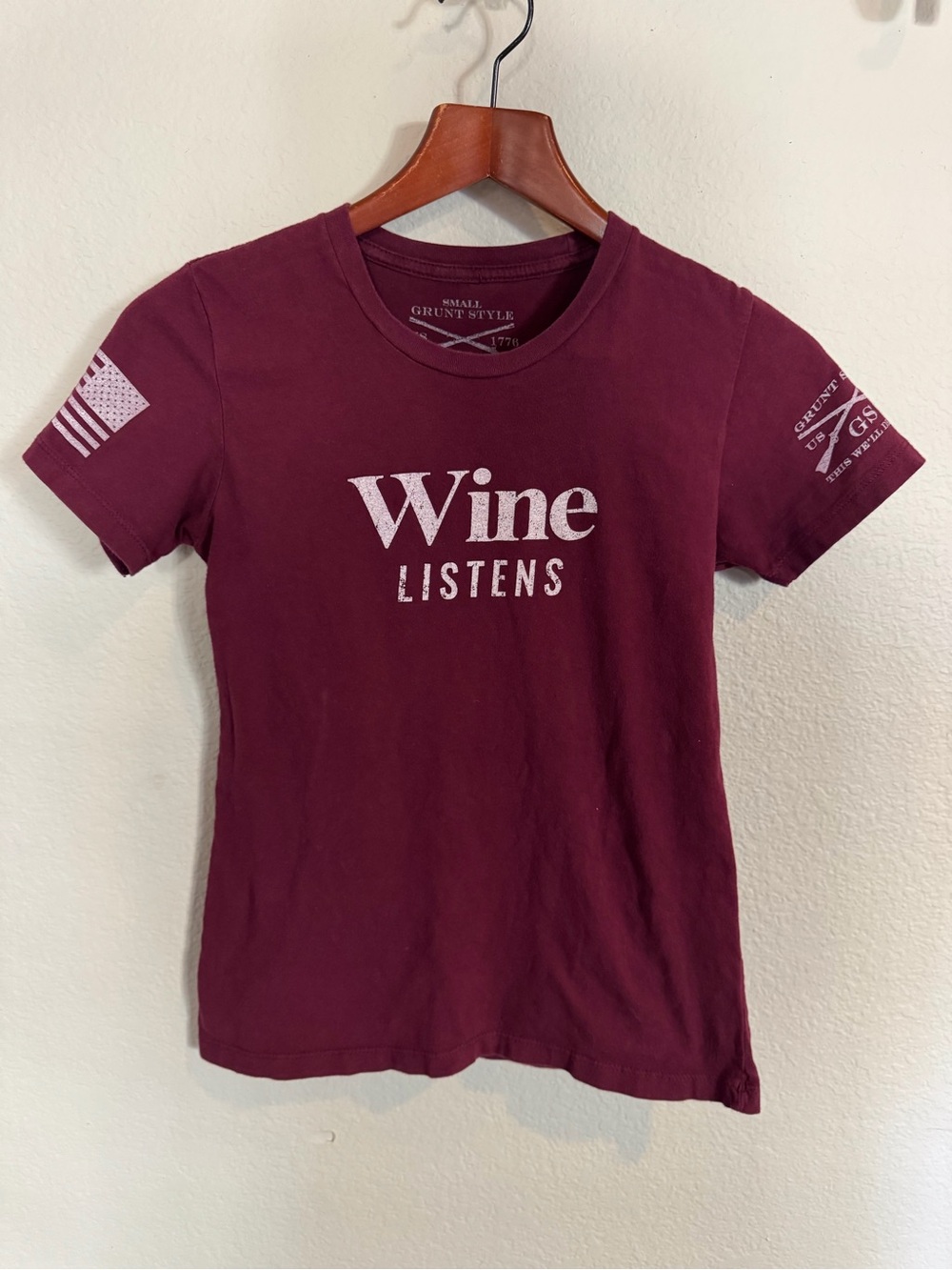 Grunt Style GS Women's “Wine Listens” Tee - Maroon Small